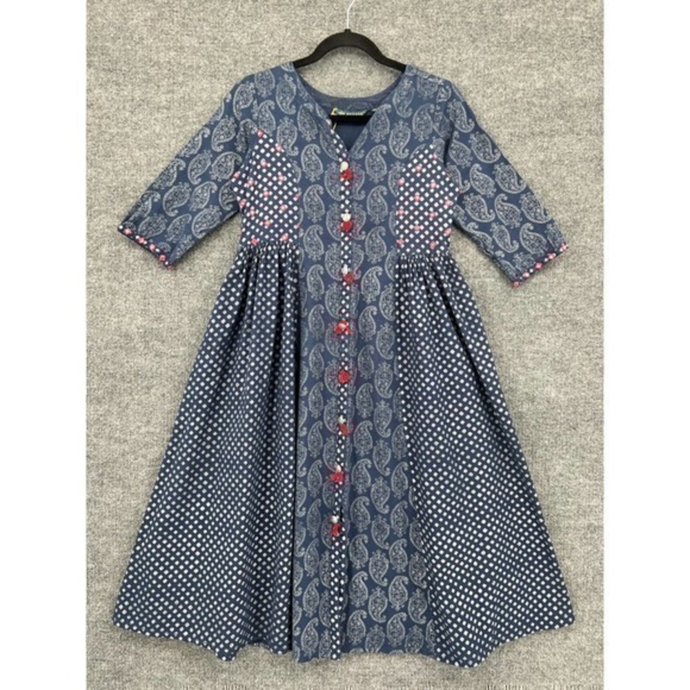 Avaasa Dress Womens XS Navy Mixed Print Linen Blend Fit Flare Tassel 1/2 Sleeve